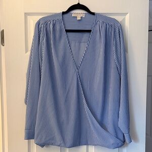 MICHAEL Michael Kors Blue and White Vertical Stripe Wrap Blouse